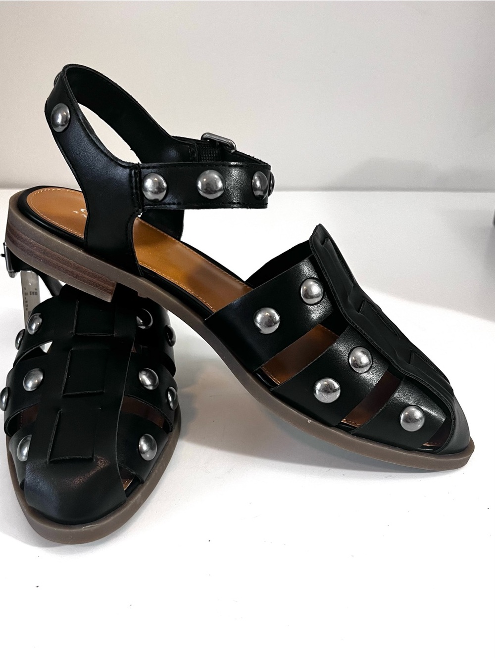 A.N.A. Black Studded Faux Leather Slingback Fisherman Sandals Flat Heel Women 7M